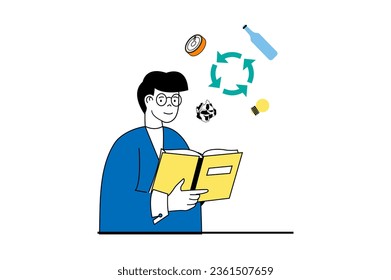 Zero waste concept with people scene in flat web design. Man reading book and gets eco lifestyle habits of sorting and recycling trash. Vector illustration for social media banner, marketing material.