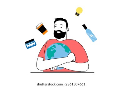 Zero waste concept with people scene in flat web design. Man protecting nature, using glass bottle, coffee cup, efficiency light bulbs. Vector illustration for social media banner, marketing material.