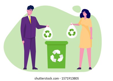 Zero waste concept. People sorting waste and use eco bag. Vector illustration white isolated. 