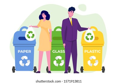 Conceito de desperdício zero. Pessoas que selecionam lixo e usam sacos ecológicos. Ilustração vetorial em branco isolada. 