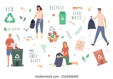 Zero waste concept with people sorting garbage flat background vector illustration