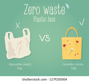 Zero waste concept poster. Plastic bag vs canvas cotton bag