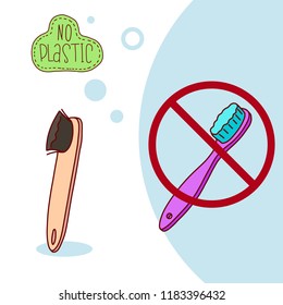 Zero waste concept poster. Plastic toothbrush vs bamboo toothbrush.