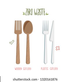 Zero waste concept poster. Reusable wooden cutlery vs plastic cutlery. Vector illustration