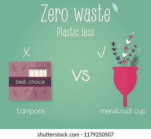 Zero waste concept poster. Tampons vs menstrual cup