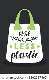 Zero waste concept poster. Use less plastic handwritten text with reusable bag