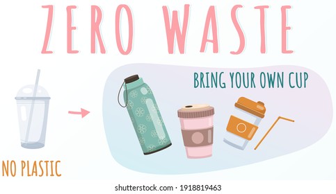 Zero waste concept. Protecting environment, choosing natural organic sustainable materials. Bring your own cup instead of disposable container. Banner on theme of using eco-friendly reusable cups