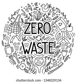 Zero waste concept, recycle and reuse, reduce - ecological lifestyle, set with lettering. Ecostyle. Doodles elements. No plastic. Vector illustration