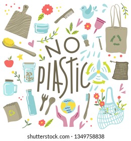 Zero waste concept, recycle and reuse, reduce - ecological lifestyle, set with lettering. Ecostyle. Doodles elements. No plastic. Vector illustration