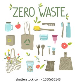 Zero waste concept, recycle and reuse, reduce - ecological lifestyle, set with lettering. Ecostyle. Doodles elements. No plastic. Vector illustration