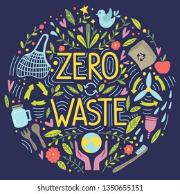 Zero waste concept, recycle and reuse, reduce - ecological lifestyle, set with lettering. Ecostyle. Doodles elements. No plastic. Vector illustration