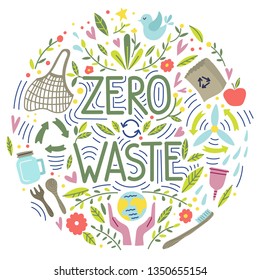Zero waste concept, recycle and reuse, reduce - ecological lifestyle, set with lettering. Ecostyle. Doodles elements. No plastic. Vector illustration