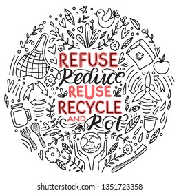 Zero waste concept, recycle and reuse, reduce - ecological lifestyle, set with lettering. Ecostyle. Doodles elements. No plastic. Vector illustration