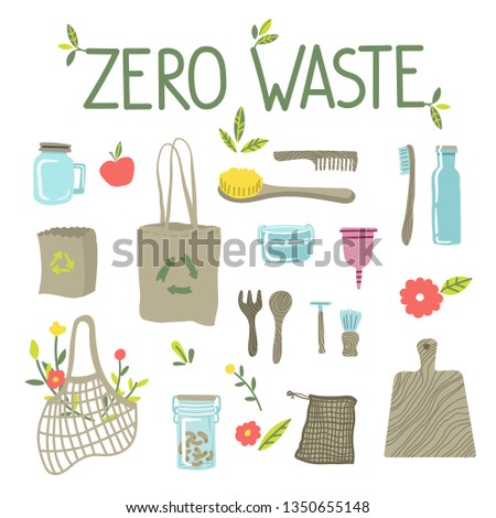 Zero waste concept, recycle and reuse, reduce - ecological lifestyle, set with lettering. Ecostyle. Doodles elements. No plastic. Vector illustration