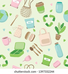 Zero waste concept seamless pattern with different elements. Sustainable lifestyle, ecological concept. Vector illustration in cartoon style