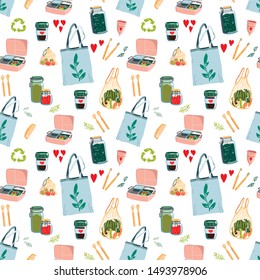 Zero waste concept seamless pattern with different eco alternatives for everyday life. Hand drawn vector illustration.