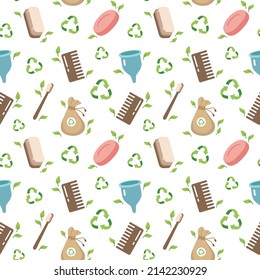Zero waste concept seamless pattern with different ecological personal hygiene items. Sustainable lifestyle, ecological concept. Zero waste concept. Vector illustration in cartoon style.