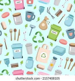 Zero waste concept seamless pattern with different elements. Sustainable lifestyle, ecological concept. Vector illustration in cartoon style
