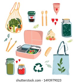 Zero waste concept set with different eco alternatives for everyday life. Hand drawn vector illustration.