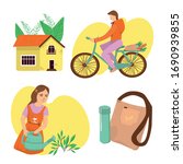 Zero waste concept set with eco objects, people. Shopping, a bottle, vegetables and more. Eco-life. Eco-home. Vector.