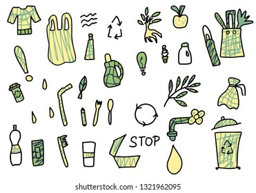 Zero waste concept. Set of eco lifestyle elements in doodle style isolated on white background.  Vector  illustration. 
