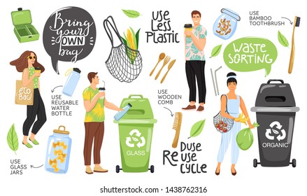 Zero waste concept set with eco objects, people and lettering. Shopping bag, container, comb, bottle, jar, toothbrush, vegetable etc. Eco life. Vector.