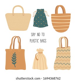 Conjunto de bolsas ecológicas, tela, malla, mimbre, paja, taller de algodón. Dile no a las bolsas de plástico. Ilustración vectorial, estilo plano. 