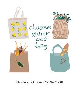 Zero waste concept, set of eco bags. Say no to plastic bags. Vector illustration, flat cartoon style, isolated on white background.

