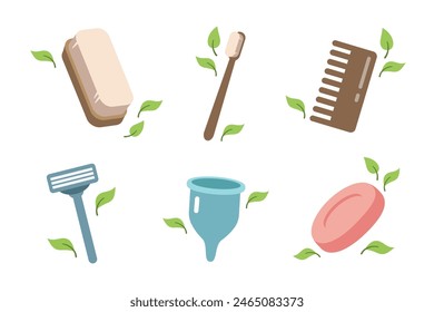 Zero waste concept. Set of ecological personal hygiene items - wooden toothbrush, comb, brush, menstrual cup, solid soap, razor Shaver. Vector illustration in cartoon style