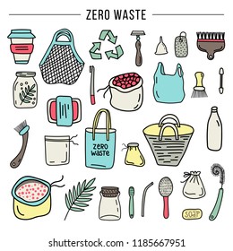 Zero Waste concept - Set of hand drawn organic elements. No plastic. Vector illustration.