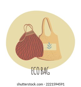 Zero waste concept. Set of mesh and textile reusable bags for products. Natural and biodegradable material pouches. Vector illustration. Eco friendly product. No plastic.