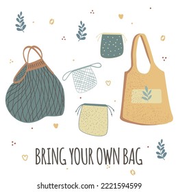 Zero waste concept. Set of mesh and textile reusable bags for products. Natural and biodegradable material pouches. Vector illustration. Eco friendly product. No plastic. Bring your own bag