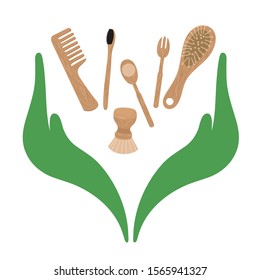 Zero waste concept set on white background. Eco and waste elements. Vector illustration. Go green, eco style, no plastic, save the planet.