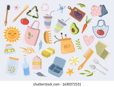 Zero waste concept. Set of organic reusable objects. Save nature. hygiene items and fabric bags. Collection of vector stickers.
