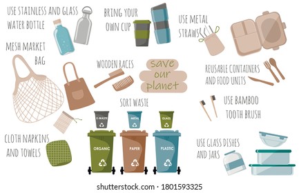 Zero waste concept. Set of various eco objects. Eco lifestyle.Reusable products. Flat vector. Waste sorting  Ecology and recycling concept.