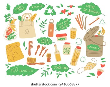 Zero waste concept, set of vector illustrations isolated on white background. Various food, package and household items, recycling and caring for the environment. Objects in flat cartoon style