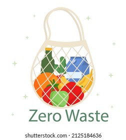 Zero Waste concept. Shopping bag with products, environmentally friendly items and products. Recycling and proper use of resources. Caring for nature and environment. Cartoon flat vector illustration