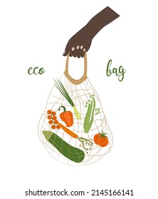 zero waste concept. a shopping bag with healthy food products is depicted. hand holding eco bag