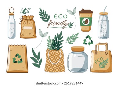 Zero Waste Concept Tableware and Packaging Set. Eco-friendly Collection: Shopping Bags, Pouch Packaging, Glass Bottles. Reusable everyday essentials