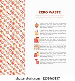 Zero waste concept with thin line icons: menstrual cup, safety razor, glass jar, natural deodorant, hand coffee grinder, french press, metal scissors. Vector illustration, print media template.