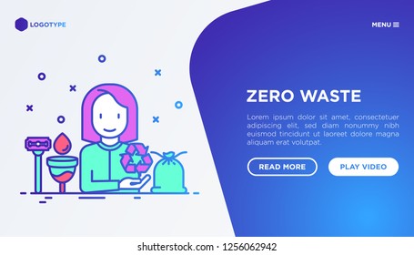 Zero waste concept with thin line icons: menstrual cup, safety razor, recycled bags. Modern vector illustration, web page template.