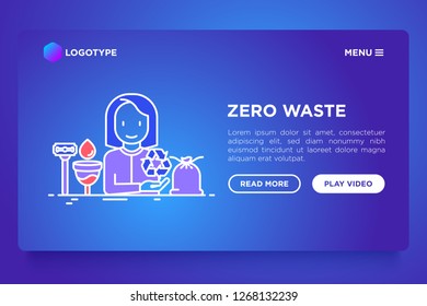 Zero waste concept with thin line icons: menstrual cup, safety razor, recycled bags. Modern vector illustration, web page template.