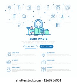 Zero waste concept with thin line icons: menstrual cup, safety razor, glass jar, natural deodorant, hand coffee grinder, french press, wooden comb. Vector illustration, web page template.