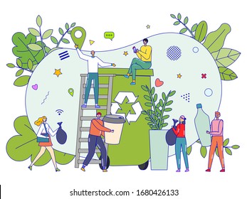 Zero waste concept, tiny people recycling garbage, ecology environment, vector illustration. Happy men and women cartoon characters in flat design, green lifestyle. Reduce plastic use and sort trash