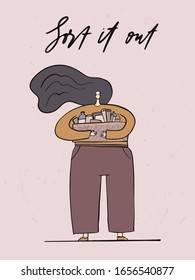 Zero waste concept with trendy hand drawn lettering Sort it out. Girl with a garbage box for sorting. Vector flat cartoon illustration. Female character carries refuse to the trash. Flat Illustration