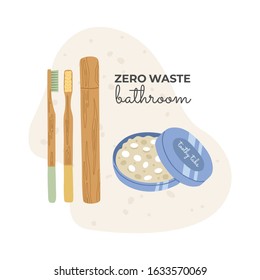 Zero waste concept with two wooden eco toothbrushes with cover and a solid toothpaste in metal packing, isolated on a white background.