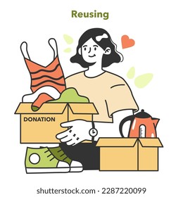 Zero waste concept. Upcycling or reuse of old clothes. Eco tips for reducing fast fashion effect and giving a second life for old stuff. Sustainability idea. Flat vector illustration