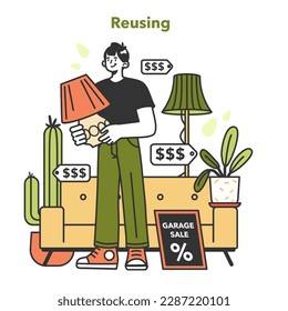 Zero waste concept. Upcycling or reuse of old things. Eco tips for reducing waste and giving a second life for old stuff. Sustainability and social responsibility. Flat vector illustration