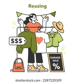 Zero waste concept. Upcycling or reuse of old clothes. Eco tips for reducing fast fashion effect and giving a second life for old stuff. Sustainability idea. Flat vector illustration