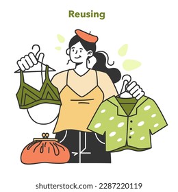 Zero waste concept. Upcycling or reuse of old clothes. Eco tips for reducing fast fashion effect and giving a second life for old stuff. Sustainability idea. Flat vector illustration